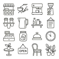 Line art coffee shop icons set featuring equipment and decor elements