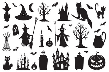 Halloween Silhouette Vector Set – Witch, Haunted House, Black Cat, Pumpkin, Bat, and Spooky Tree Illustrations