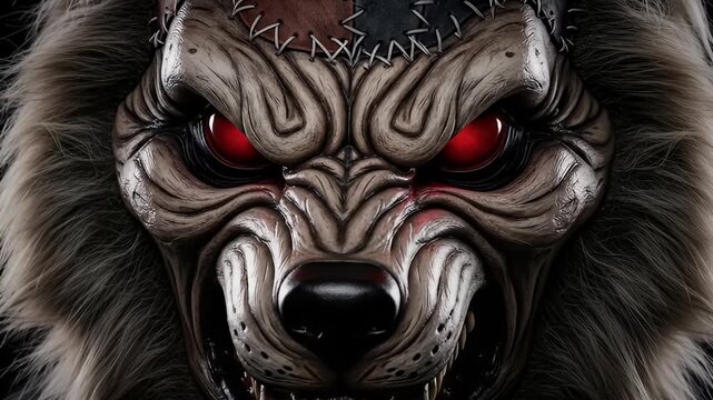 Close-up of a menacing wolfman creature with patchwork skin and glowing red eyes