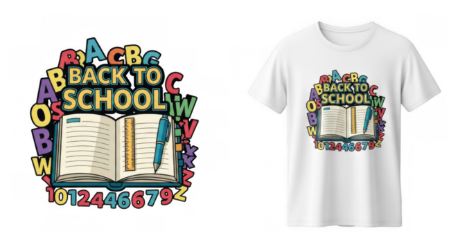 Back to school themed t-shirt design featuring educational tools and typography