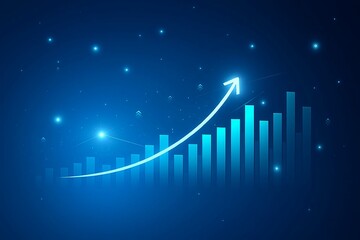 Glowing blue arrow chart shows upward trend and financial growth on dark digital background