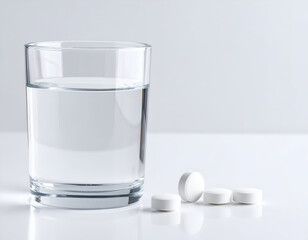 Minimalist medical scene with three white pill placed next to a glass of pure water