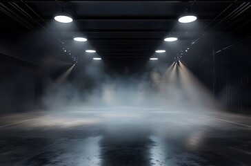 Perspective view dark smokey garage interior with spotlight and concrete floor, empty stage concept. 3D Rendering, mockup