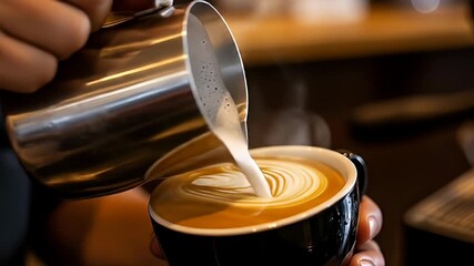 Foamed milk being poured into a cup of coffee creating latte art
