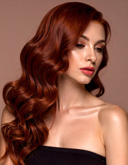 Naklejka premium Stunning female model with dark auburn red hair, soft waves, luxury cosmetic advertisement, high-resolution commercial photo