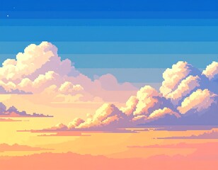Pixelated sunset sky with cumulus clouds