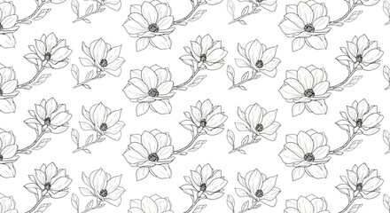 Delicate Line Art Magnolia Flowers Seamless Pattern on Isolated White Background