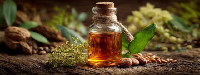 Natural organic essential oil in small bottles, Generative AI,