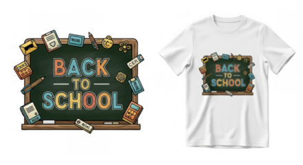 T-shirt showcasing a chalkboard design with 'Back to School' message and icons