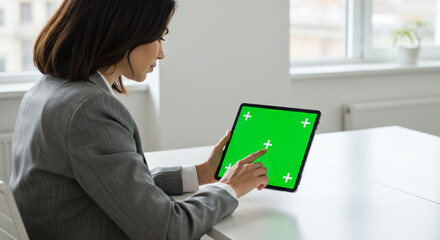Stylish businesswoman using tablet with green screen for modern advertising or app demo in bright office