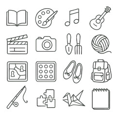 Art and leisure icon set: music, painting, photography, crafting, outdoor activities