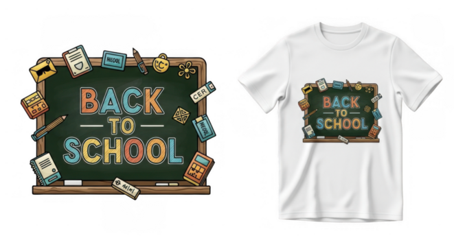 T-shirt showcasing a chalkboard design with 'Back to School' message and icons