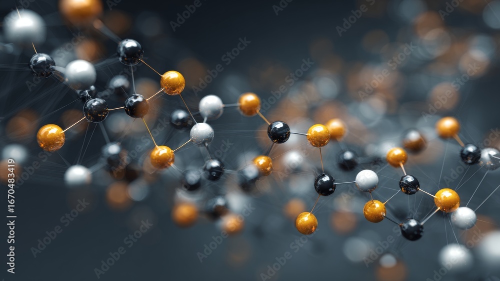 Poster close-up view of molecular structures with glowing particles in futuristic abstract scientific backg
