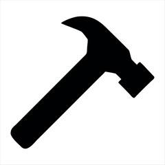 Simple black silhouette of a claw hammer on a clean white background representing a tool