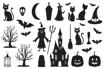 Halloween Witch, Haunted Castle, Black Cats, Pumpkins, Bats, Trees, Coffin, Skull Vector Collection