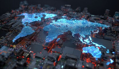 Global network of interconnected cities, circuit board style