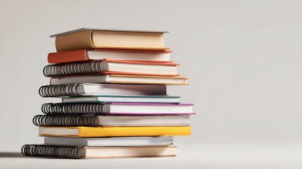 Tall pile of spiral notebooks and textbooks stacked high for school or study. This paperwork and knowledge concept suggests feeling of being overwhelmed with homework