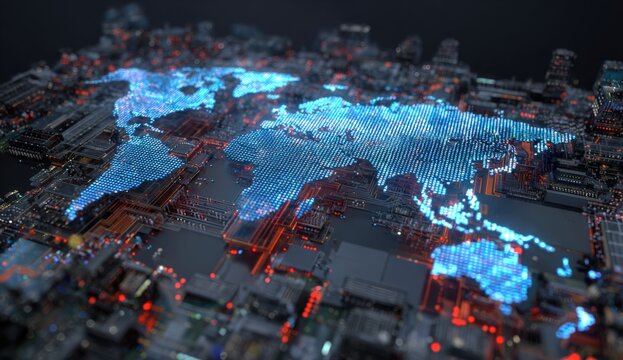 Global network of interconnected cities, circuit board style