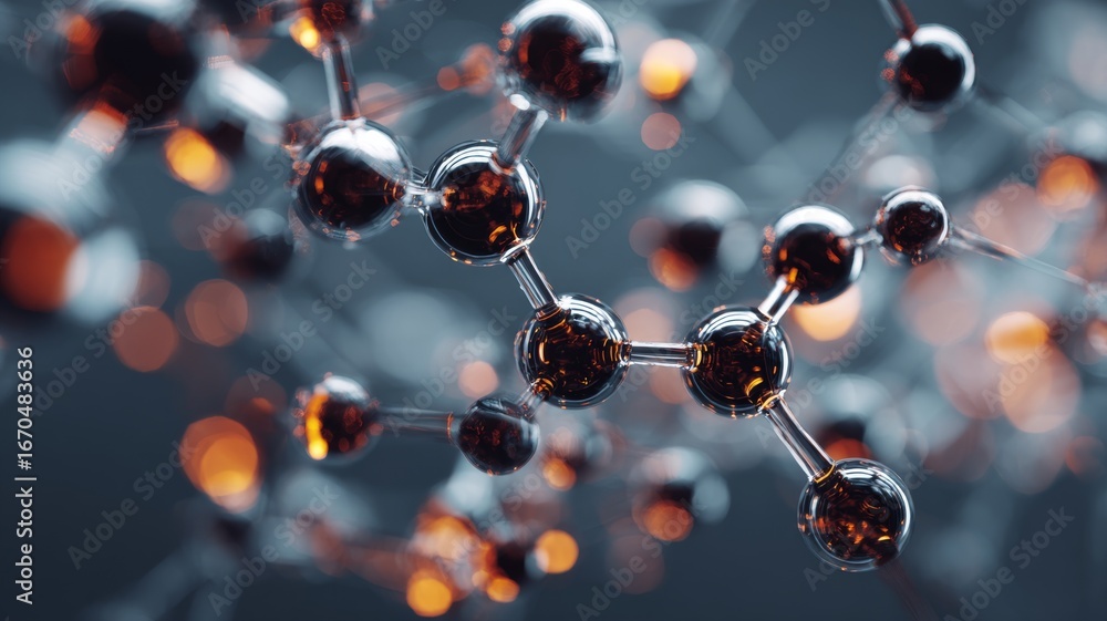 Poster close-up view of molecular structures with glowing particles in futuristic abstract scientific backg