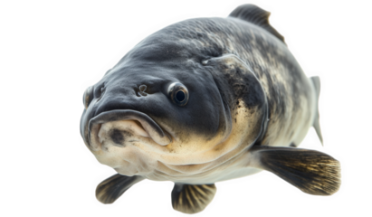 Closeup of a large carp fish face with mouth open, isolated on transparent background