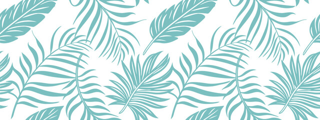 Seamless tropical palm leaf pattern in teal color on white background, perfect for summer textile, wallpaper, and beach design. Exotic botanical illustration style. High-quality decorative vector text