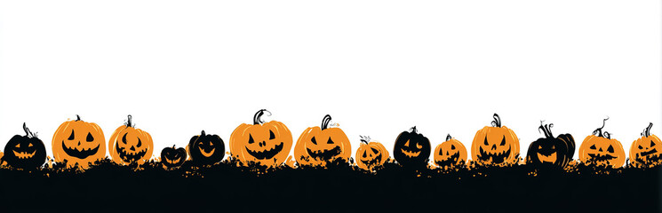 Row of carved jack-o'-lanterns with varying expressions on a black base against a white background; Halloween border.