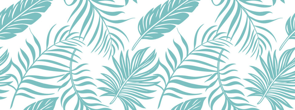 Seamless tropical palm leaf pattern in teal color on white background, perfect for summer textile, wallpaper, and beach design. Exotic botanical illustration style. High-quality decorative vector text