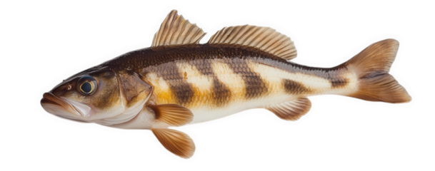 A striped perch fish swimming in freshwater isolated on transparent background