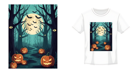 Spooky night forest with pumpkins and bats graphic for Halloween apparel