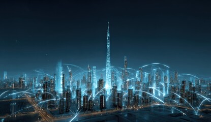 Fototapeta premium Futuristic city skyline at night, network connections