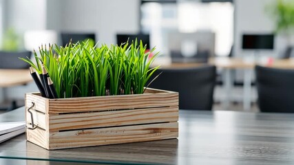 An office desk features a stylish planter filled with green plants and pens, creating an inviting and productive work environment