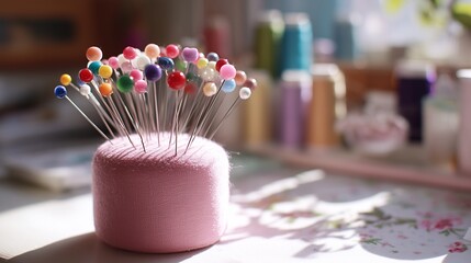 Colorful sewing pins arranged in a pink cushion on a crafting table with vibrant threads