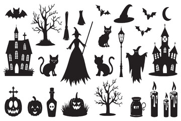 Halloween Witch, Haunted Castle, Black Cat, Pumpkin, Bats, Spooky Tree, Graveyard, Candle Vector Set