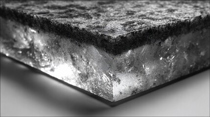 Textured block with porous, crystalline structure in shades of grey and white, illuminated diagonally