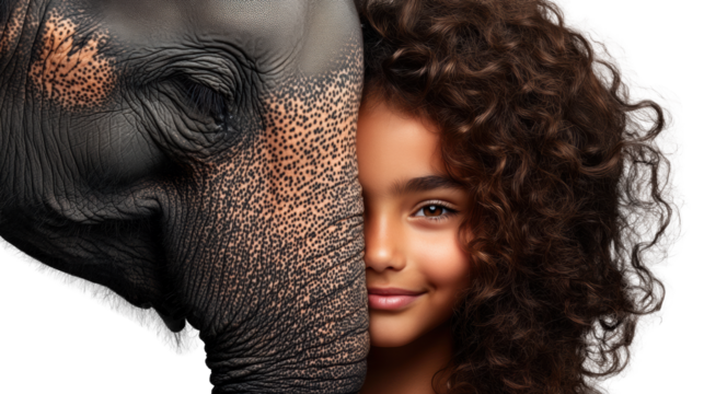 Child and elephant friendship portrait, harmony between human and nature