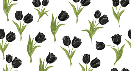 Seamless Pattern of Black Tulip Flowers with Green Stems and Leaves on Isolated White Background