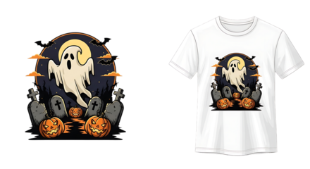 Spooky spectral apparition above graves with grinning jack-o'-lanterns design