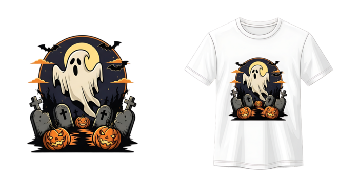 Spooky spectral apparition above graves with grinning jack-o'-lanterns design