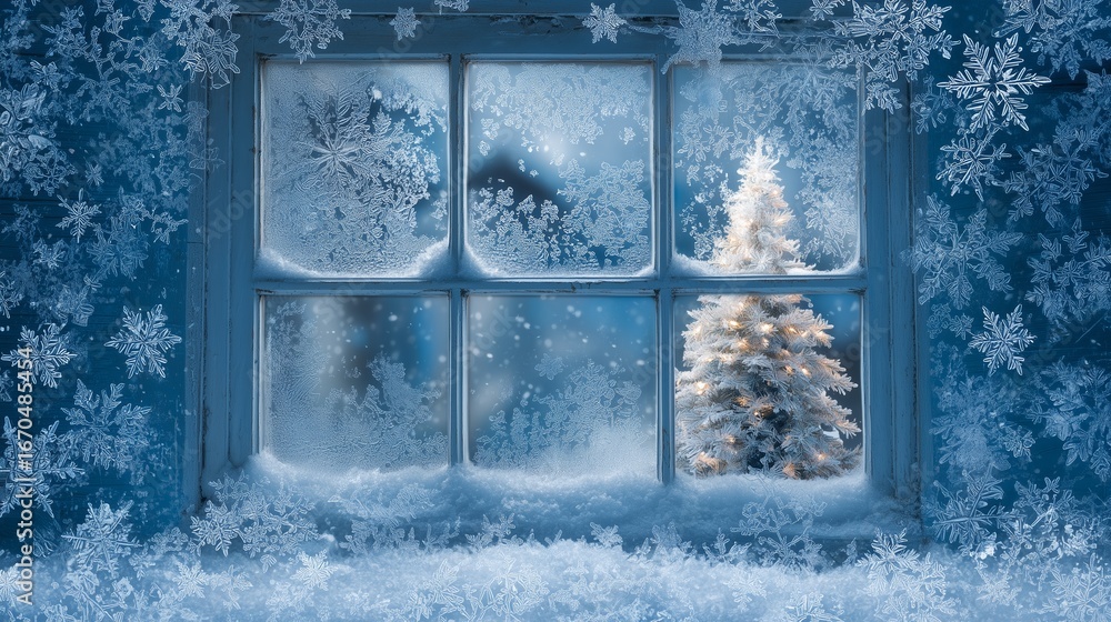 Poster frosted window with snowflakes and illuminated christmas tree creating a cozy winter atmosphere