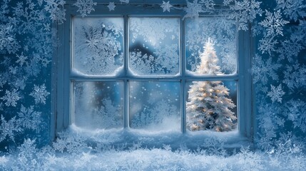 Frosted window with snowflakes and illuminated Christmas tree creating a cozy winter atmosphere