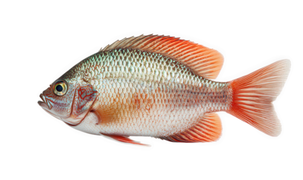 A single perch fish with red fins isolated on transparent background