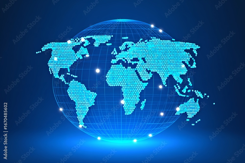 Fototapete digital world map with glowing dots representing global network connections and data flow