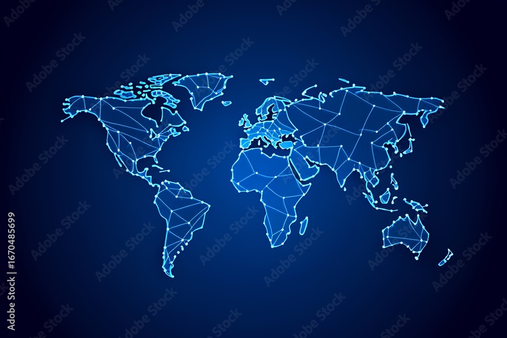 Poster digital world map with glowing connections and network, representing global technology and communica