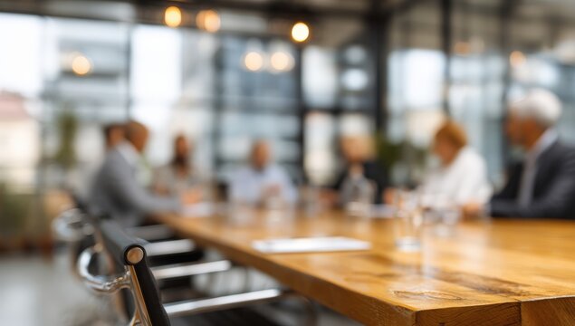 Blurred view of a business meeting. A conference room table with people seated around it