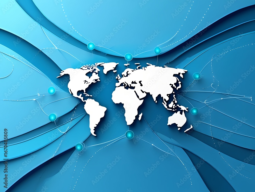 Poster abstract world map with continents on a blue background with curved shapes and connecting dots