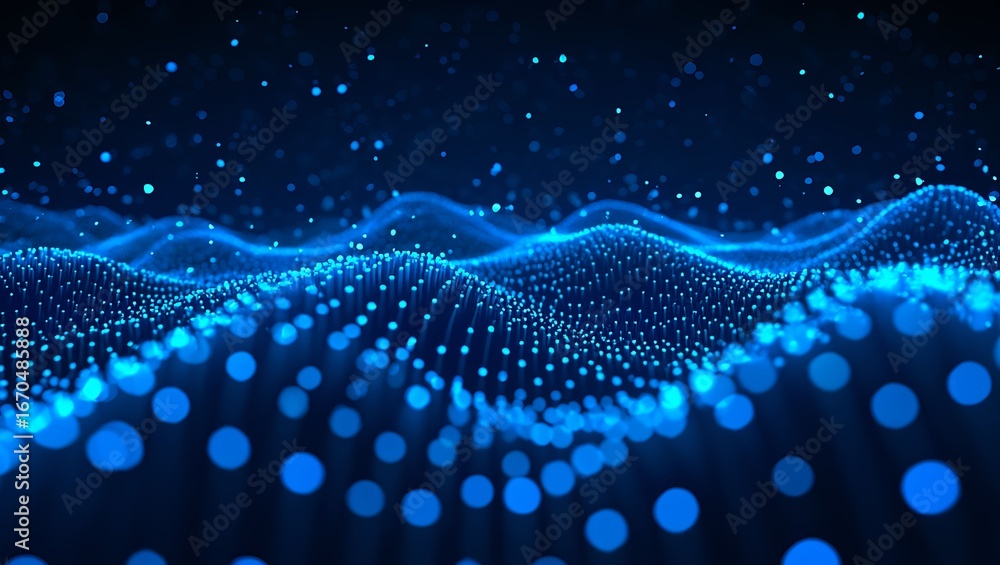 Poster abstract blue wave background with glowing particles, representing digital technology and data