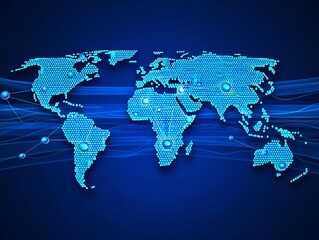 Digital world map with continents made of binary code and connecting dots on a blue background