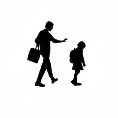 Young person teaching neighbor kids with school bags silhouette on white background isolated on white background