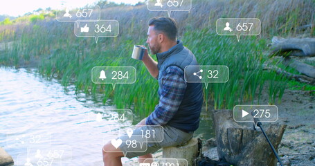 Angler sipping mug on lake stump, with rod, backpack, social icons overlay, copy space