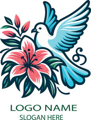 Fototapeta premium Dove and lily flower logo icon vector white background .